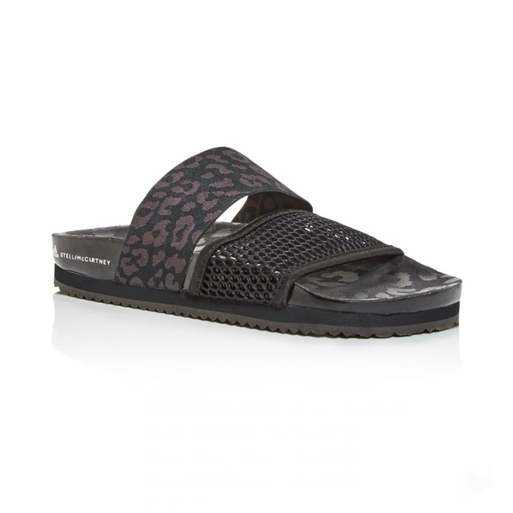 NWOT Adidas by Stella McCartney Mesh and Leopard Strap Slides in Black